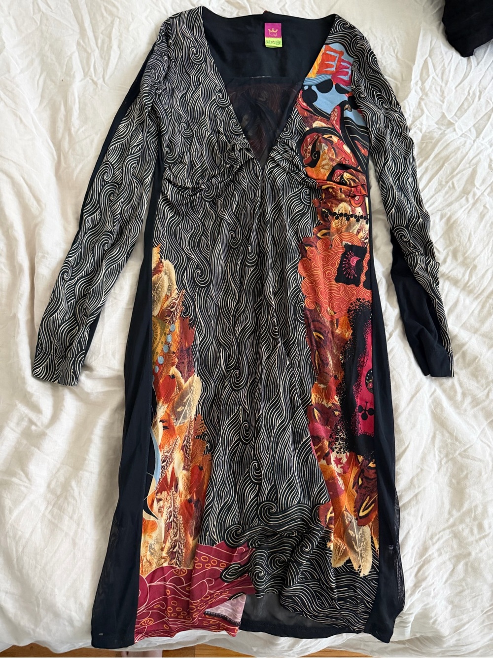 Save The Queen Black Multicolor Printed V-Neck Long Sleeve Dress